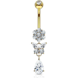 Solid Gold 14 Carat Belly Button Piercing Butterfly dangle Zirconia