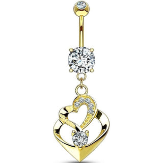 Solid Gold 14 Carat Belly Button Piercing Double Heart dangle Zirconia