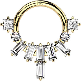 Solid Gold 14 Carat Ring baguette fan princess cut zirconia Clicker