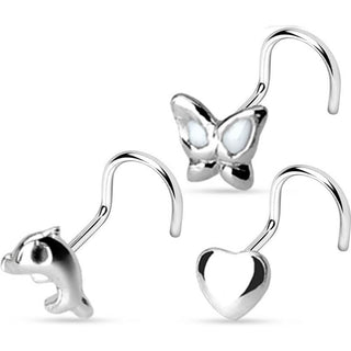 Silver 925 Nose Screw Set Butterfly Heart Dolphin Silver, 3  pieces