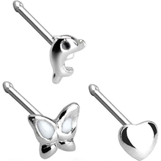 Silver 925 Nose Stud Set Butterfly Heart Dolphin Silver, 3  pieces