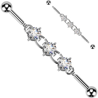 Industrial Barbell centered 3 round prong set cubic zirconia chain