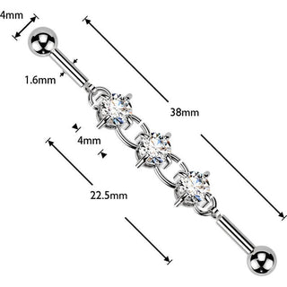 Industrial Barbell centered 3 round prong set cubic zirconia chain