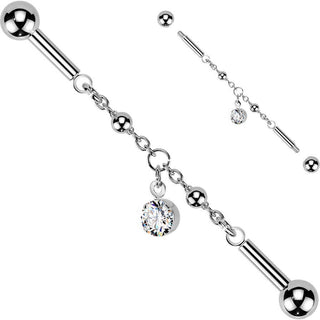 Industrial Barbell centered chain prong set cubic zirconia dangle