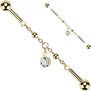 Industrial Barbell centered chain prong set cubic zirconia dangle