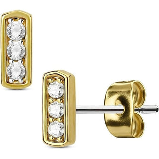 Stud Earring 316L Ear Studs Three Cubic Zirconia Set Square Bar 1 Pair