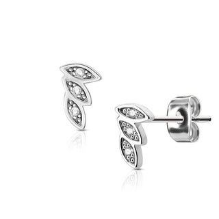 Stud Earring 316L Ear Studs 3 Leaves Cubic Zirconia Paved 1 Pair
