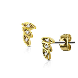 Stud Earring 316L Ear Studs 3 Leaves Cubic Zirconia Paved 1 Pair