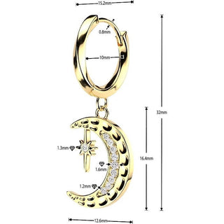 Earring Crescent Moon and Star Dangle with Cubic Zirconia 1 Pair