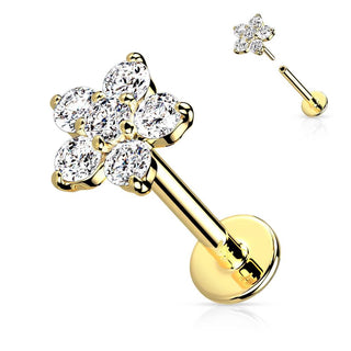 Solid Gold 14 Carat Labret Flower Zirconia Push-In