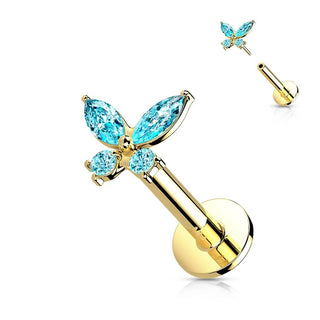 Solid Gold 14 Carat Labret Butterfly Zirconia Push-In