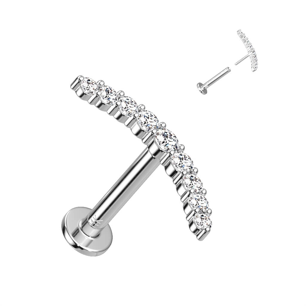Solid Gold 14 Carat Labret Curved Bar Zirconia Push-In