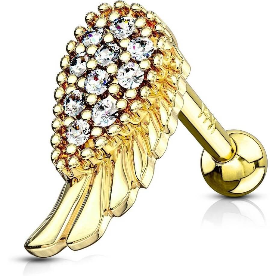 Solid Gold 14 Carat Barbell Angelwing Zirconia
