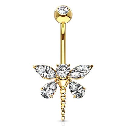 Solid Gold 14 Carat Belly Button Piercing Dragonfly Zirconia