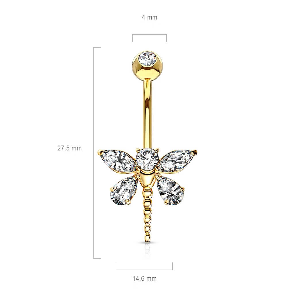 Solid Gold 14 Carat Belly Button Piercing Dragonfly Zirconia
