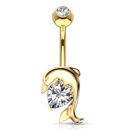 Solid Gold 14 Carat Belly Button Piercing Dolphin Zirconia