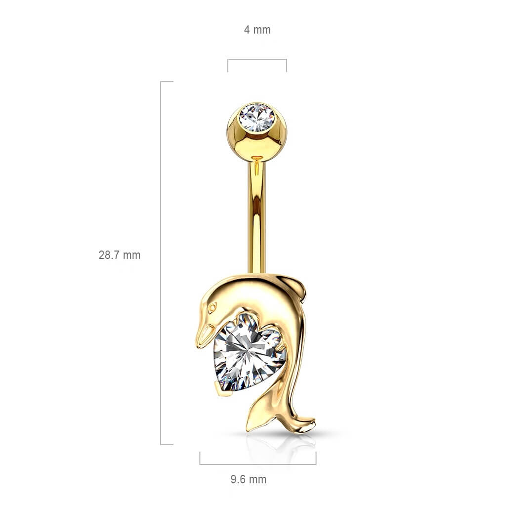 Solid Gold 14 Carat Belly Button Piercing Dolphin Zirconia