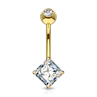 Solid Gold 14 Carat Belly Button Piercing Square Zirconia
