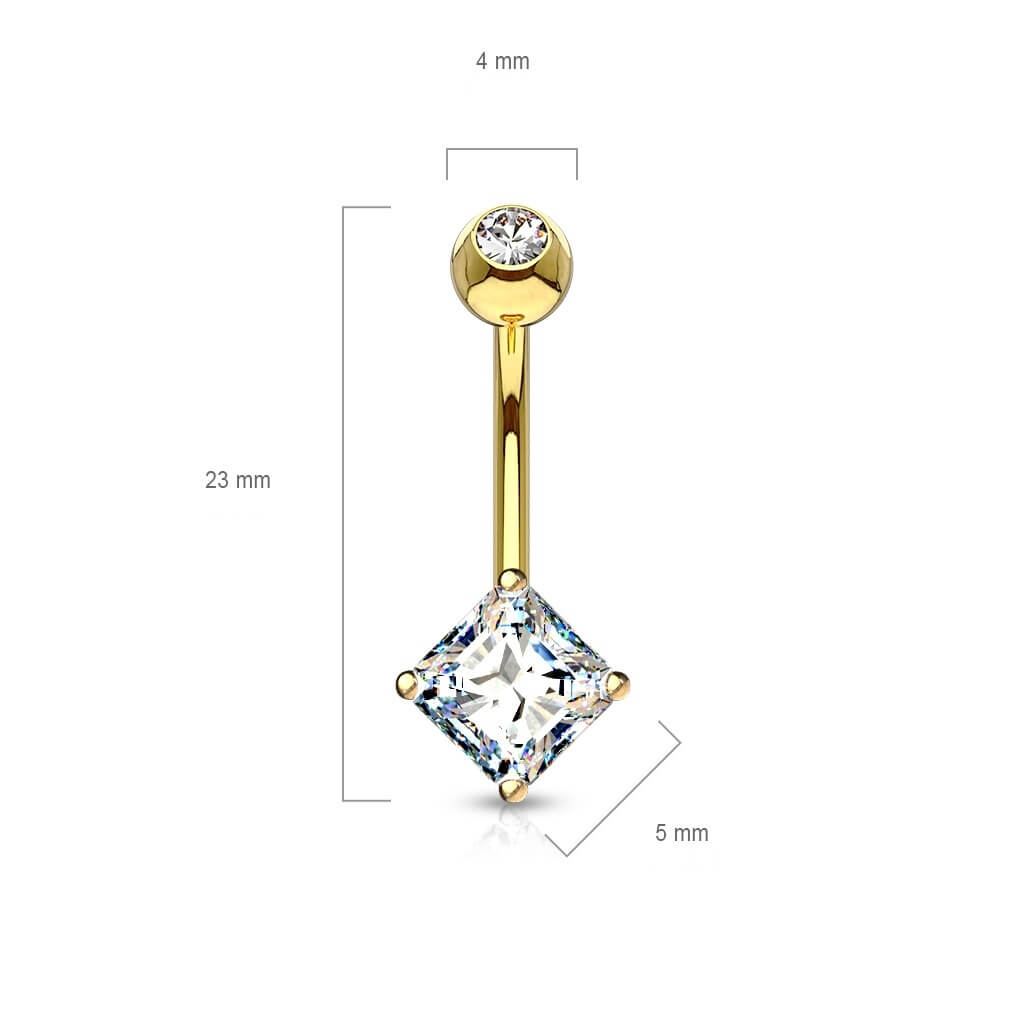 Solid Gold 14 Carat Belly Button Piercing Square Zirconia