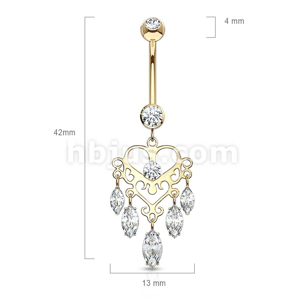 Solid Gold 14 Carat Belly Button Piercing Crown Chandelier Zirconia dangle