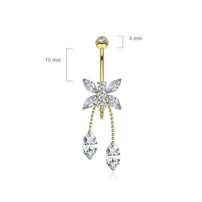 Solid Gold 14 Carat Belly Button Piercing Dragonfly Drop dangle Zirconia