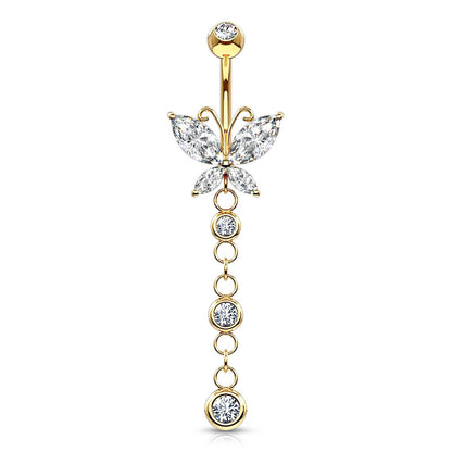 Solid Gold 14 Carat Belly Button Piercing Butterfly Zirconia dangle