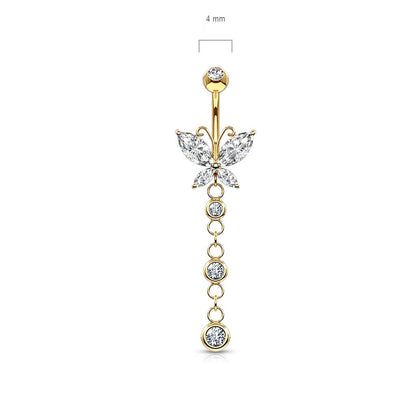 Solid Gold 14 Carat Belly Button Piercing Butterfly Zirconia dangle