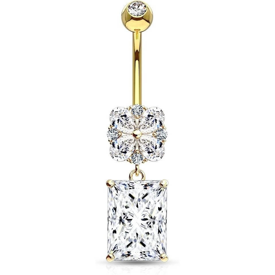 Solid Gold 14 Carat Belly Button Piercing Zirconia Square dangle