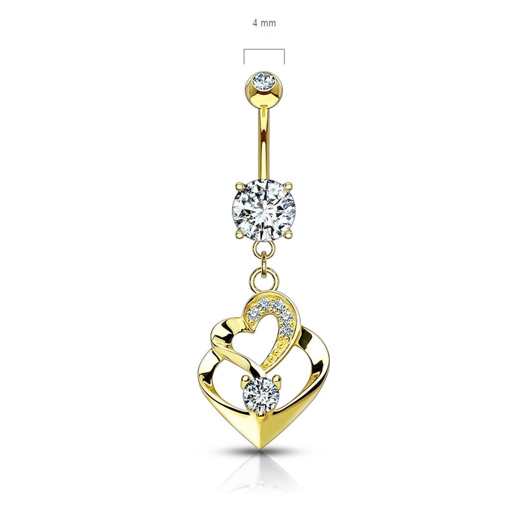 Solid Gold 14 Carat Belly Button Piercing Double Heart dangle Zirconia