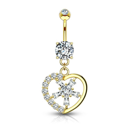 Solid Gold 14 Carat Belly Button Piercing Heart dangle Zirconia