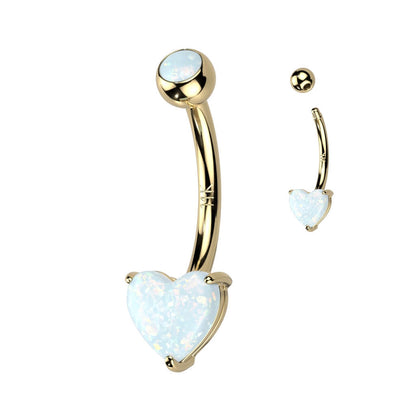 Solid Gold 14 Carat Belly Button Piercing Heart Opal