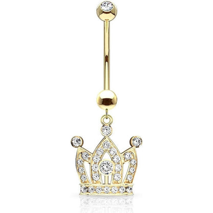 Solid Gold 14 Carat Belly Button Piercing Crown dangle cubic Zirconia