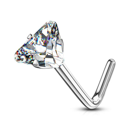 Solid Gold 14 Carat Nose L-Shape Triangle Zirconia