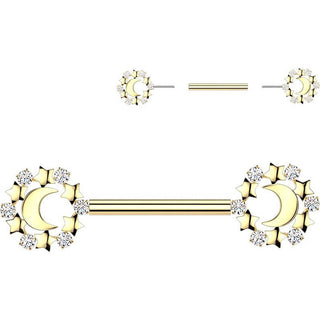 Nipple Piercing crescent moon with stars and cubic zirconia Push-In