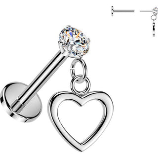 Labret prong setting cubic zirconia and dangle heart Push-In