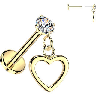 Labret prong setting cubic zirconia and dangle heart Push-In