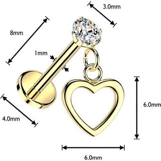 Labret prong setting cubic zirconia and dangle heart Push-In
