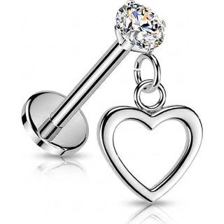 Labret prong setting cubic zirconia and dangle heart Push-In