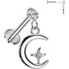 Labret prong setting cubic zirconia with moon and star dangle Push-In