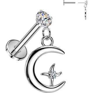 Labret prong setting cubic zirconia with moon and star dangle Push-In