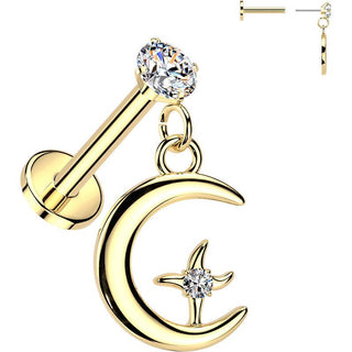 Labret prong setting cubic zirconia with moon and star dangle Push-In