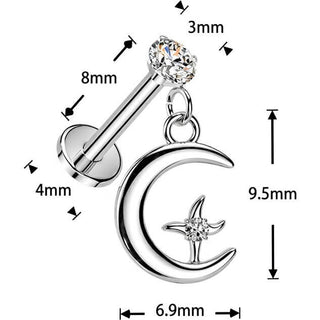 Labret prong setting cubic zirconia with moon and star dangle Push-In
