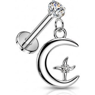 Labret prong setting cubic zirconia with moon and star dangle Push-In