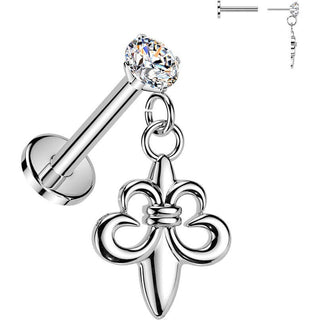Labret prong setting cubic zirconia and fleur de lis dangle Push-In
