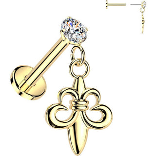 Labret prong setting cubic zirconia and fleur de lis dangle Push-In