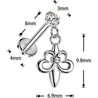Labret prong setting cubic zirconia and fleur de lis dangle Push-In