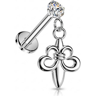 Labret prong setting cubic zirconia and fleur de lis dangle Push-In