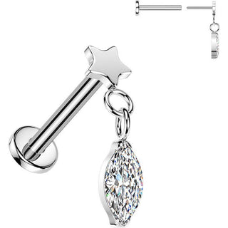 Titanium Labret flat star with marquise cubic zirconia dangle Push-In