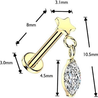 Titanium Labret flat star with marquise cubic zirconia dangle Push-In