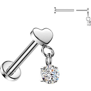 Titanium Labret flat heart with round cubic zirconia dangle Push-In